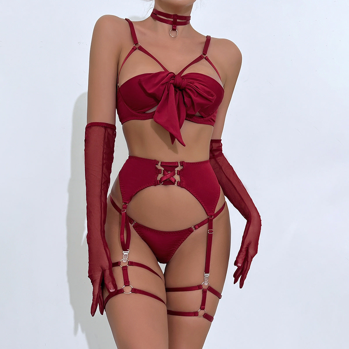 Bow Underwire Lingerie Set with Gloves view 1