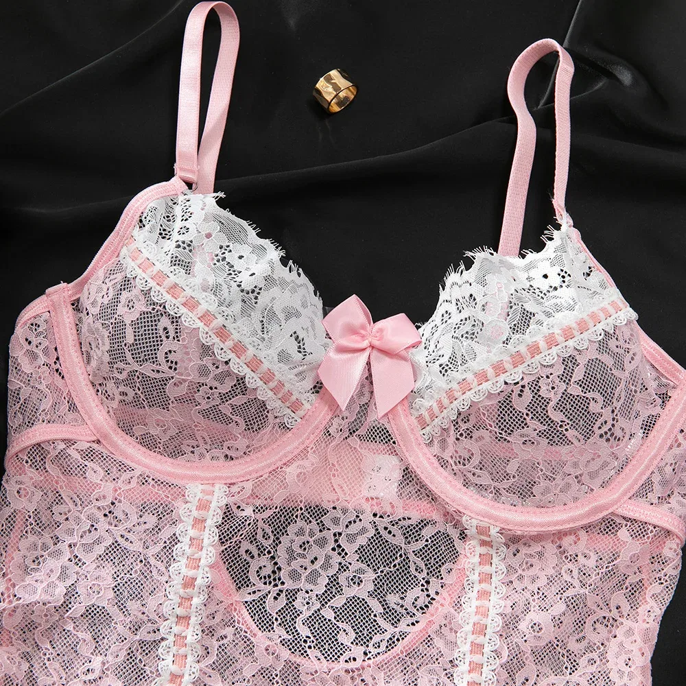 Pink Color-Block Lace Frill Stretch Bodysuit with Garter & Stockings | OEM Lingerie Factory view 9