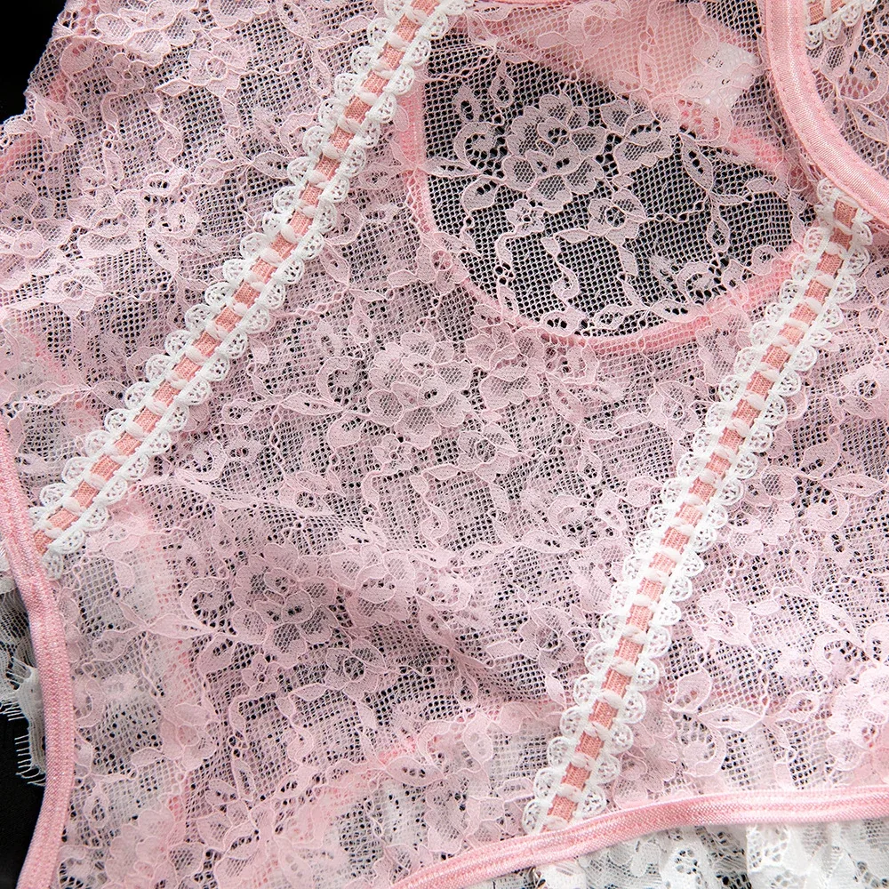 Pink Color-Block Lace Frill Stretch Bodysuit with Garter & Stockings | OEM Lingerie Factory view 10