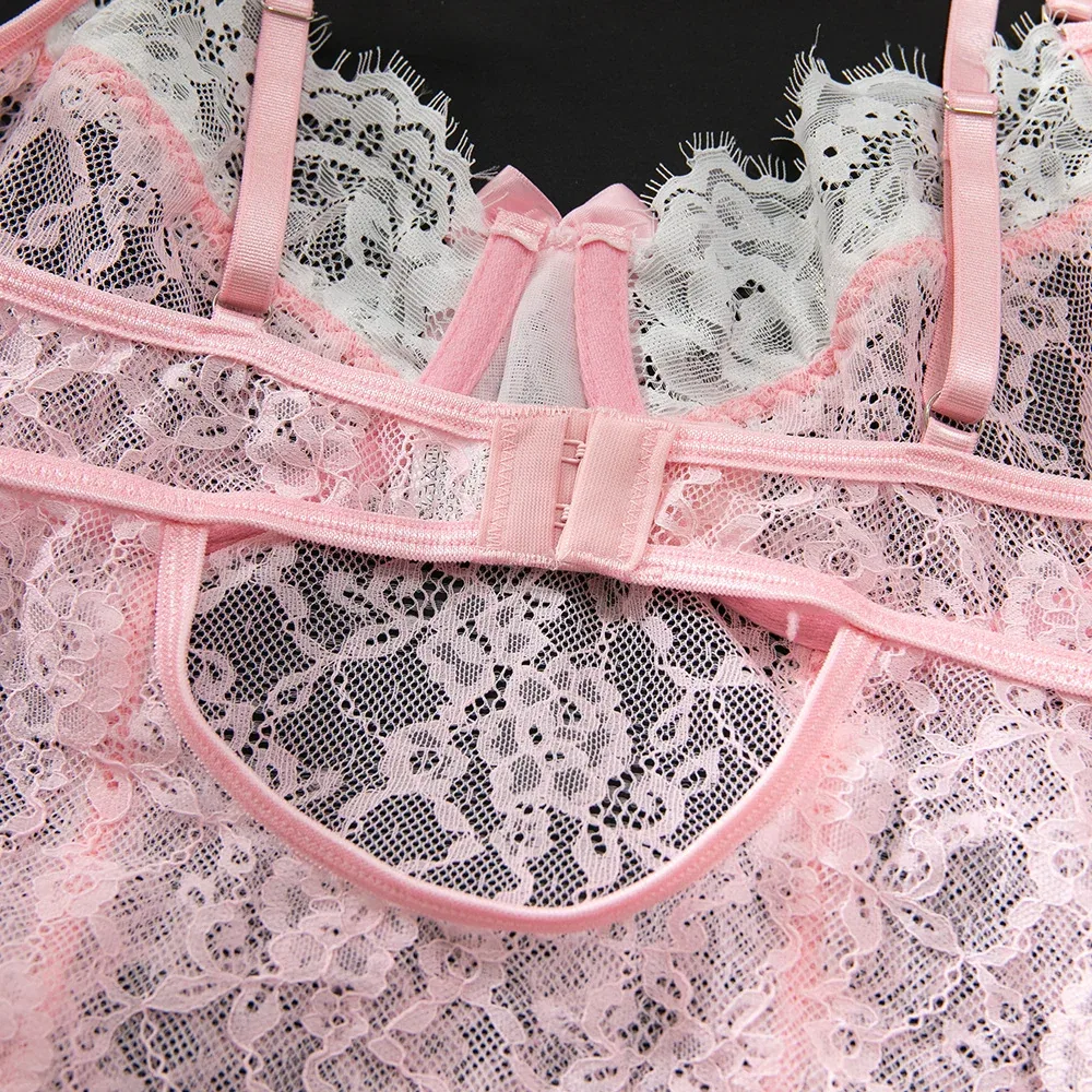 Pink Color-Block Lace Frill Stretch Bodysuit with Garter & Stockings | OEM Lingerie Factory view 11