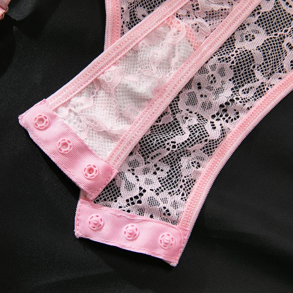 Pink Color-Block Lace Frill Stretch Bodysuit with Garter & Stockings | OEM Lingerie Factory view 13