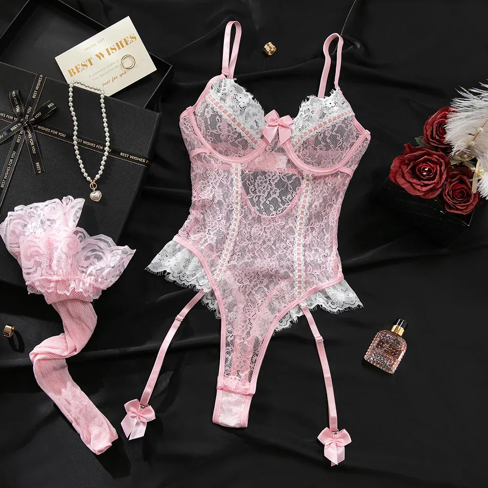 Pink Color-Block Lace Frill Stretch Bodysuit with Garter & Stockings | OEM Lingerie Factory view 15