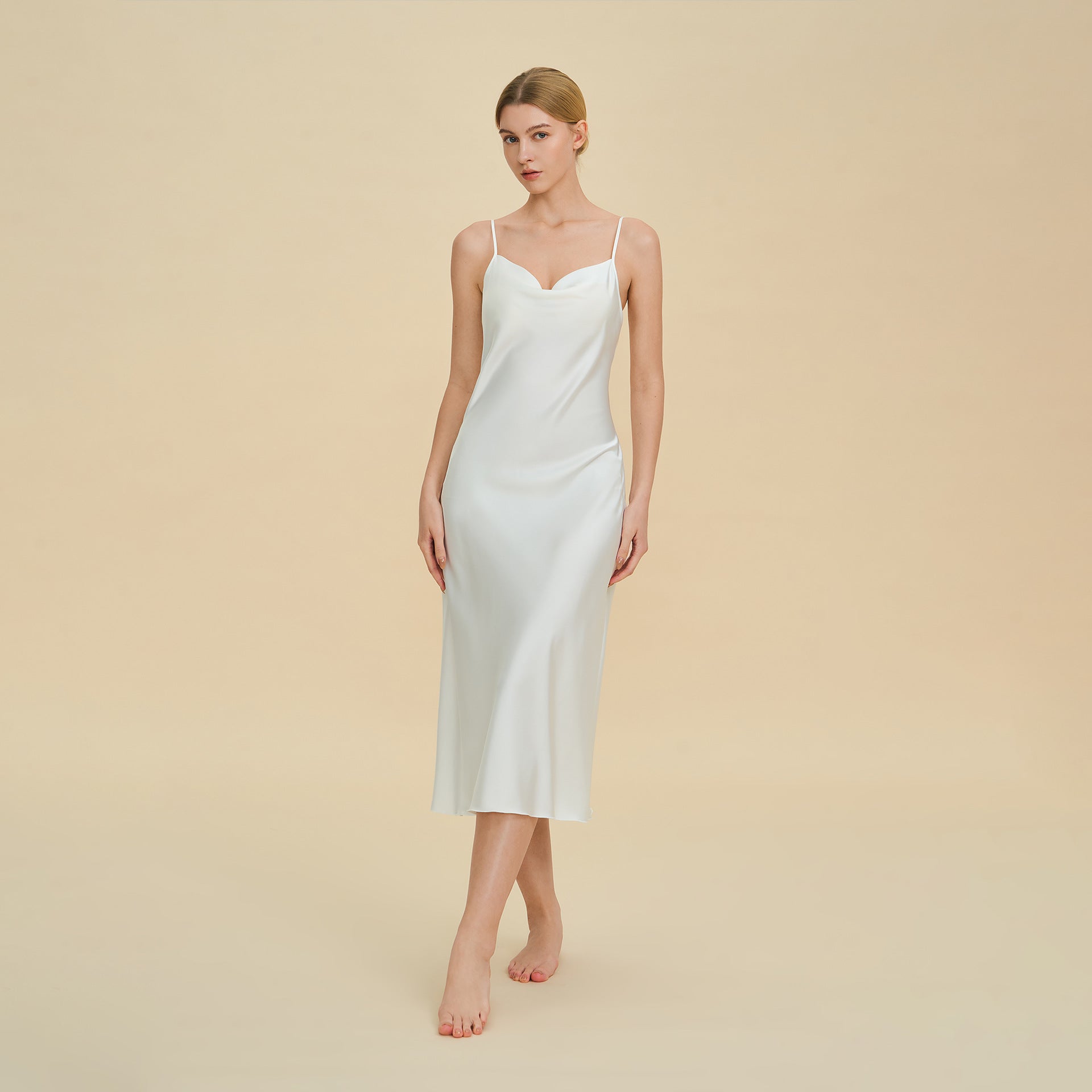 Satin Chiffon Halter Neck Long Split Nightdress — High-End Luxury Sleepwear