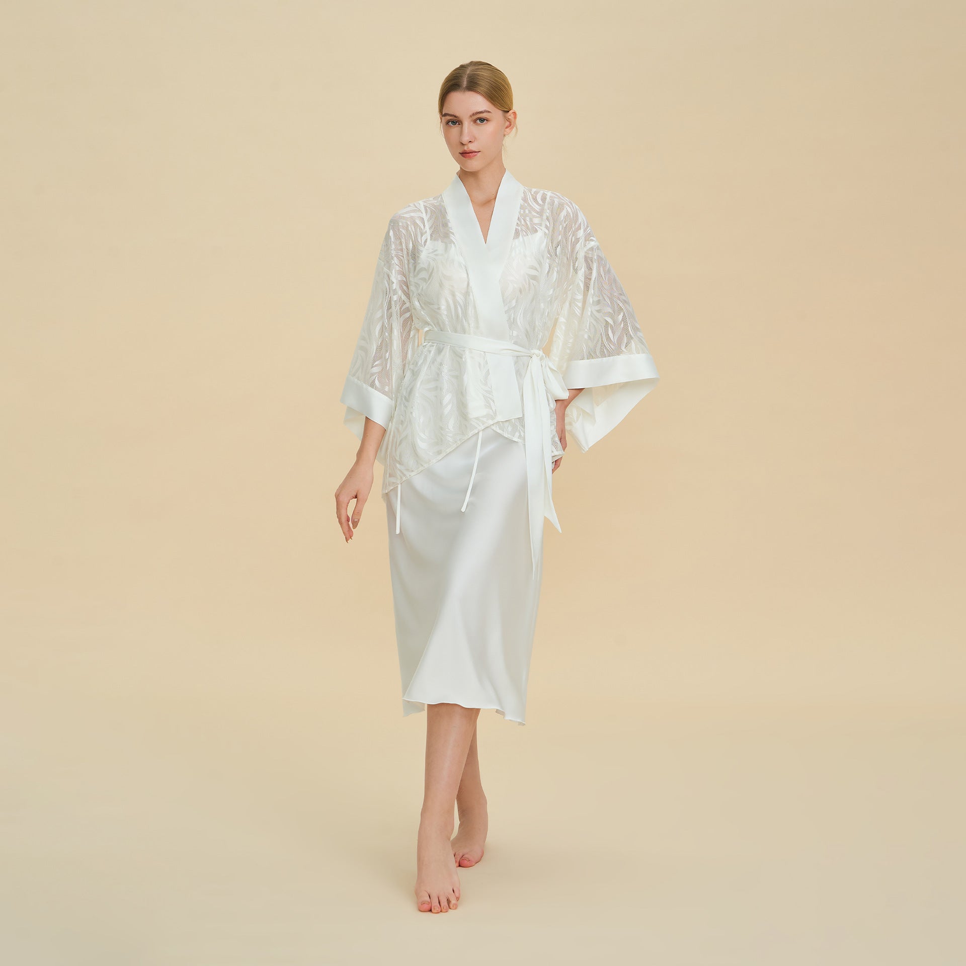 Mesh Lace French Short Robe – Sheer Nylon Homewear