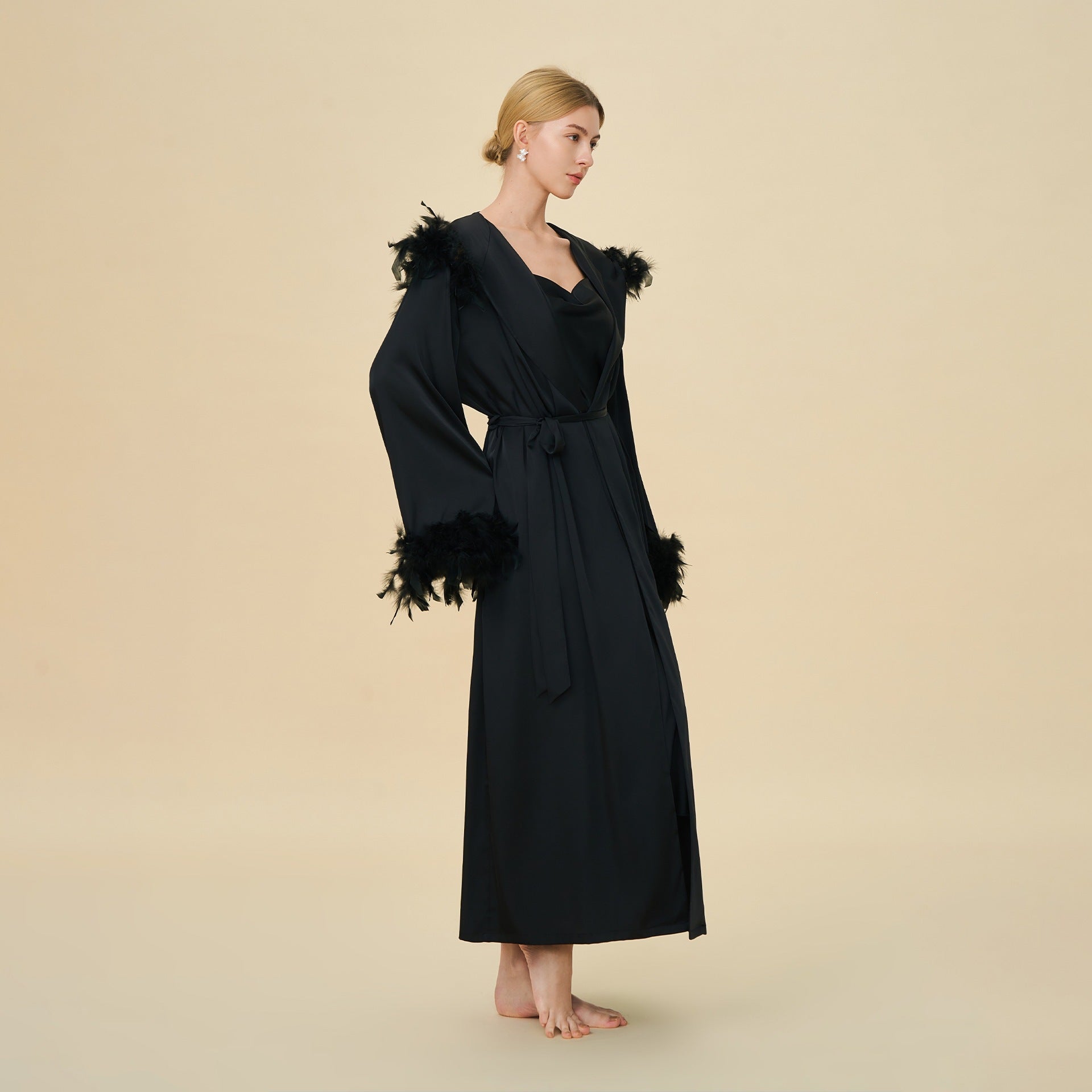 Hooded Feather Trim Long Robe | Detachable Luxury Loungewear