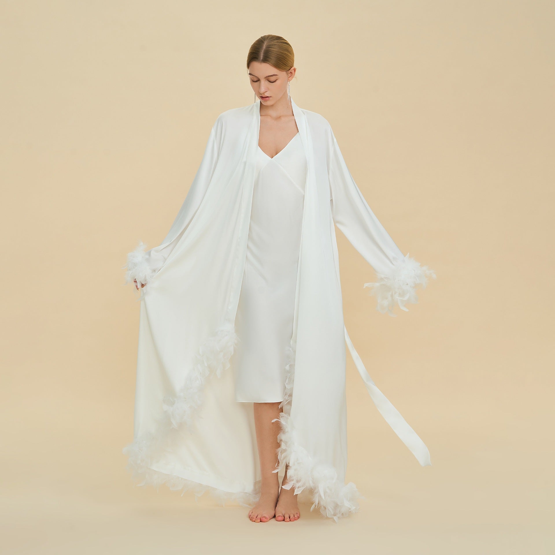 Feather Trim Trailing Long Morning Robe | Luxury Nightgown Robe