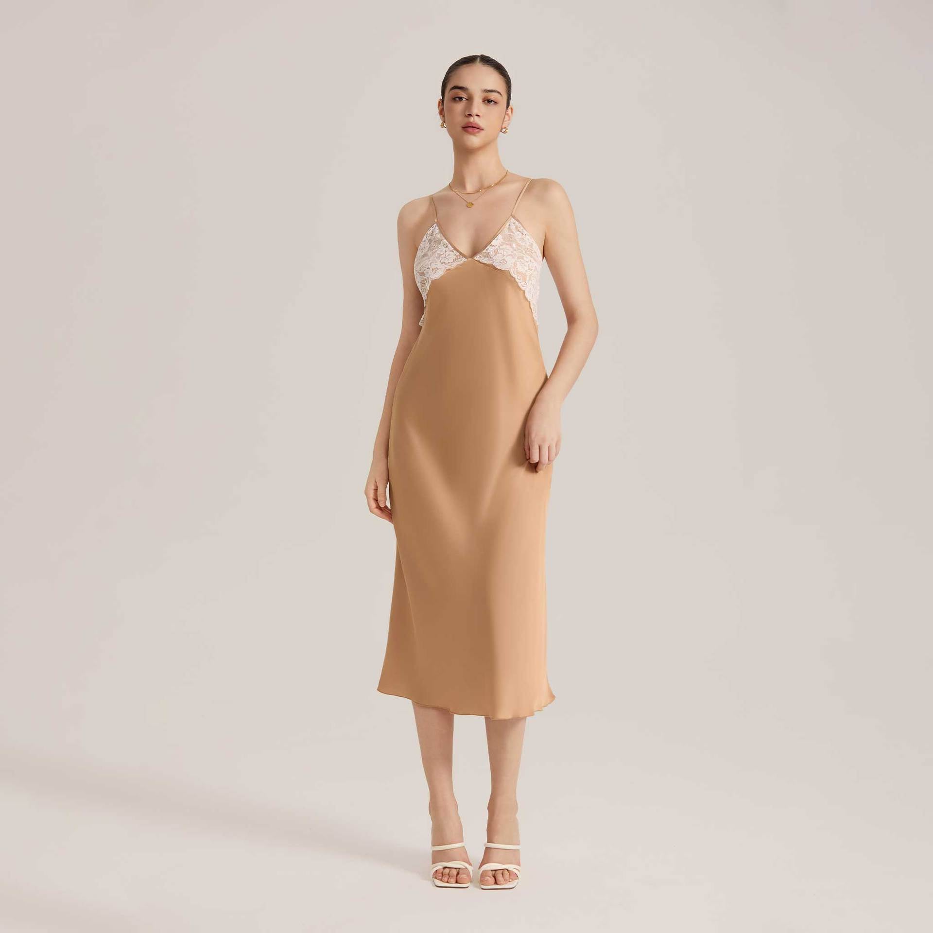 Lace Splice Satin Chiffon Backless Spaghetti Strap Nightdress — Elegant Loungewear