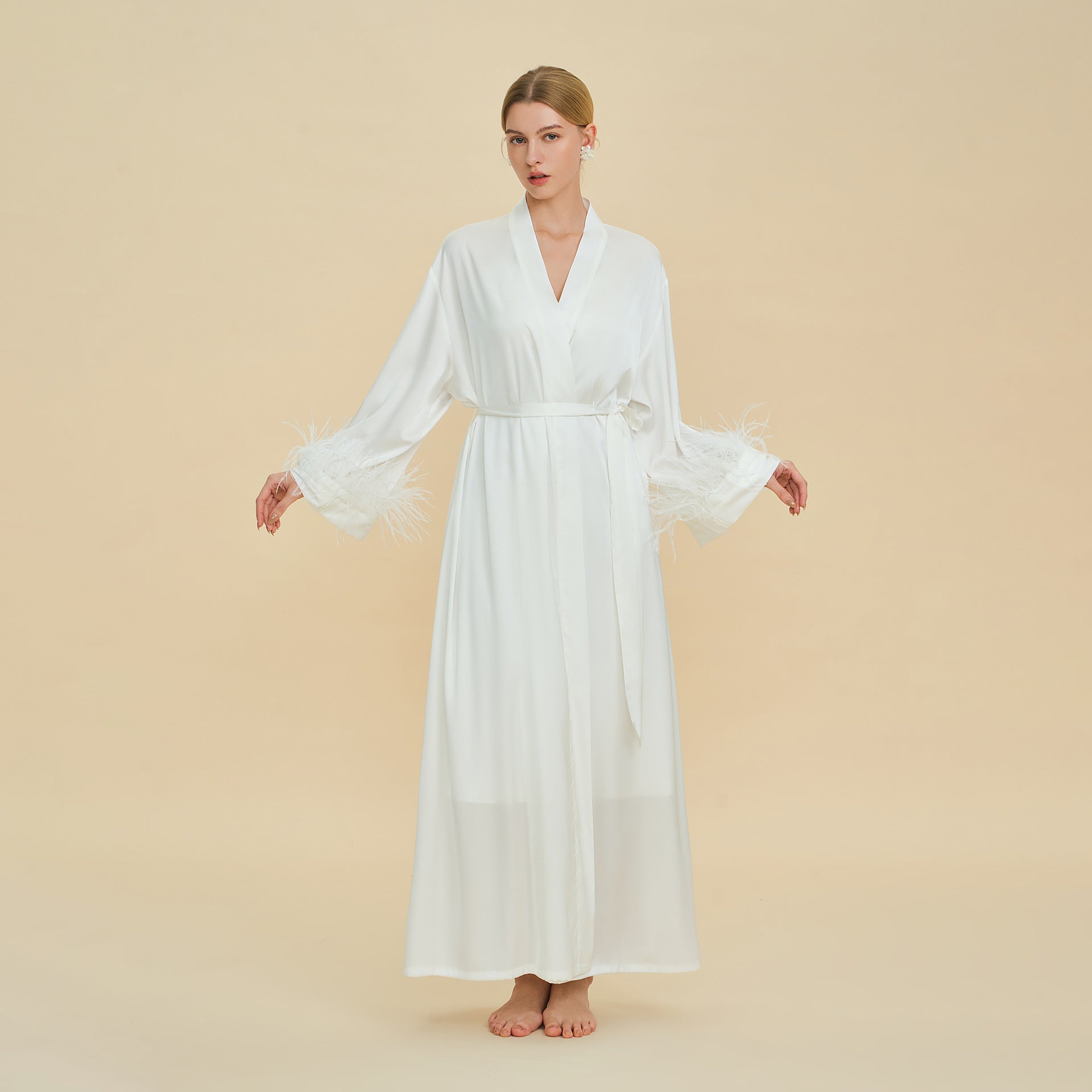 Ostrich Feather Cape Robe | Acetate Satin Luxury Loungewear