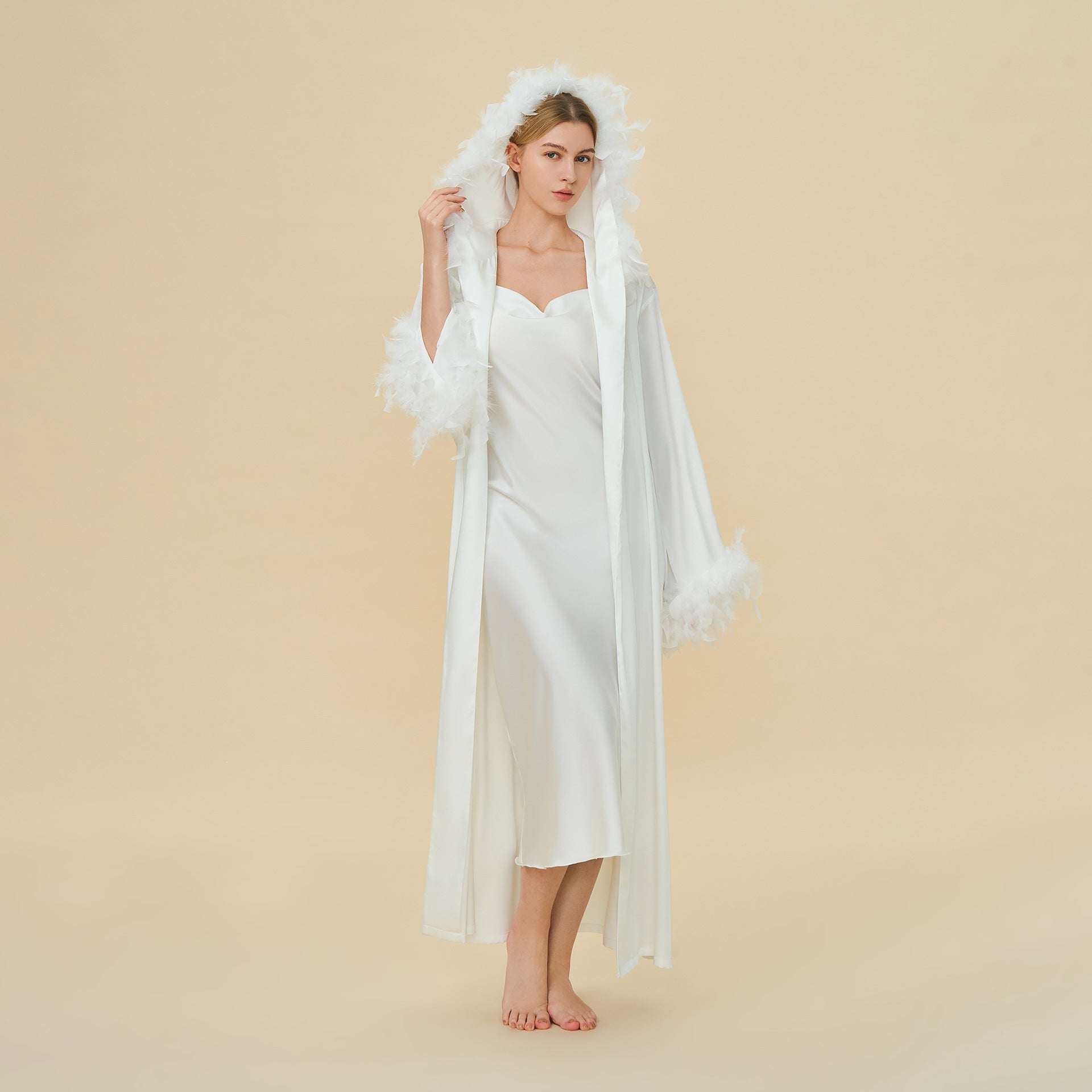Slip Dress & Hooded Marabou Robe Set | Luxury Ice Silk Sleepwear