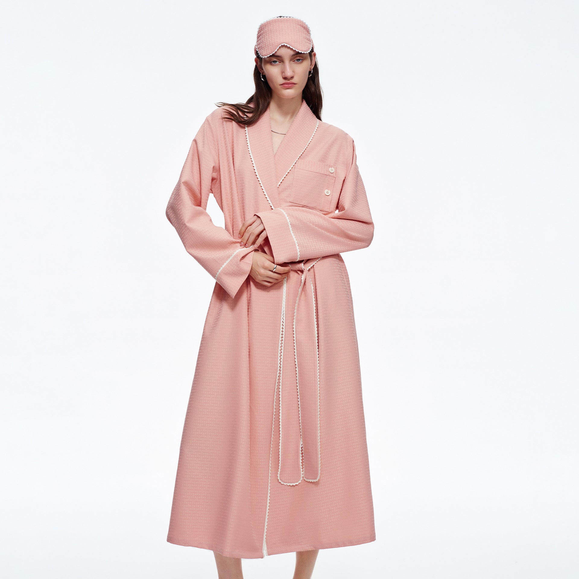 Stripe Waist-Tie Long Morning Robe | Soft Loungewear with Sleep Mask