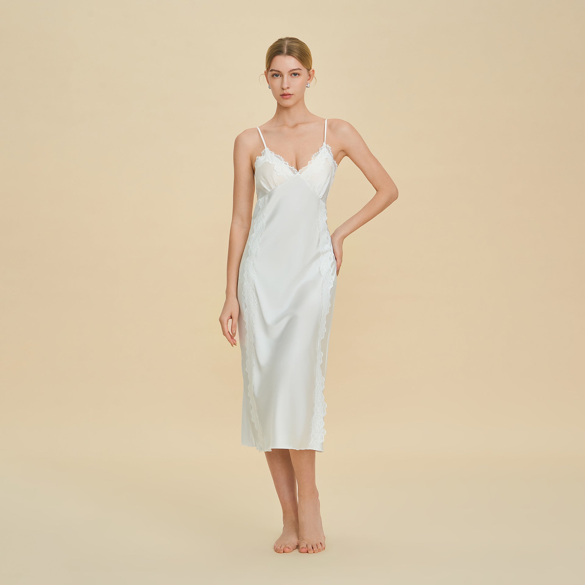 French Lace Deep V Slip Nightgown | Elegant Spaghetti Strap Sleepwear