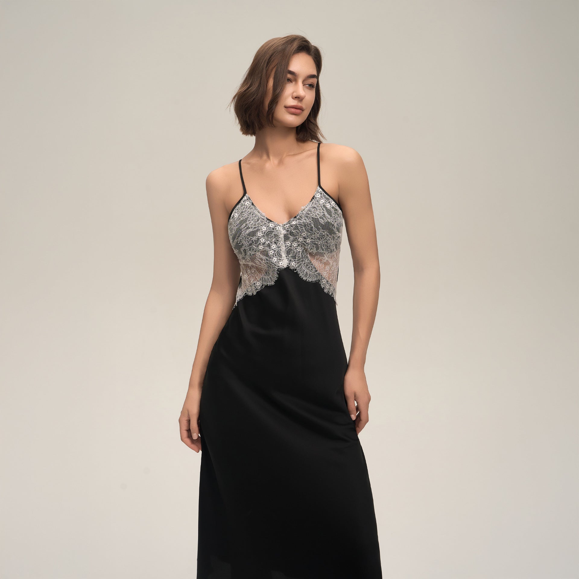 Satin Chiffon Lace Backless Spaghetti Strap Maxi Nightgown — Elegant Loungewear
