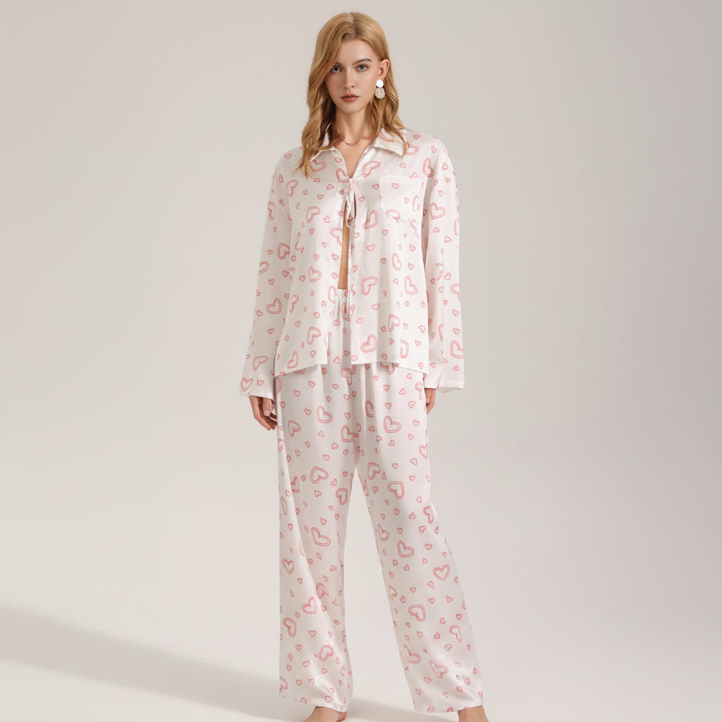 Heart Print Satin 3-Piece Pajama Set – Cami, Long Sleeve & Pants
