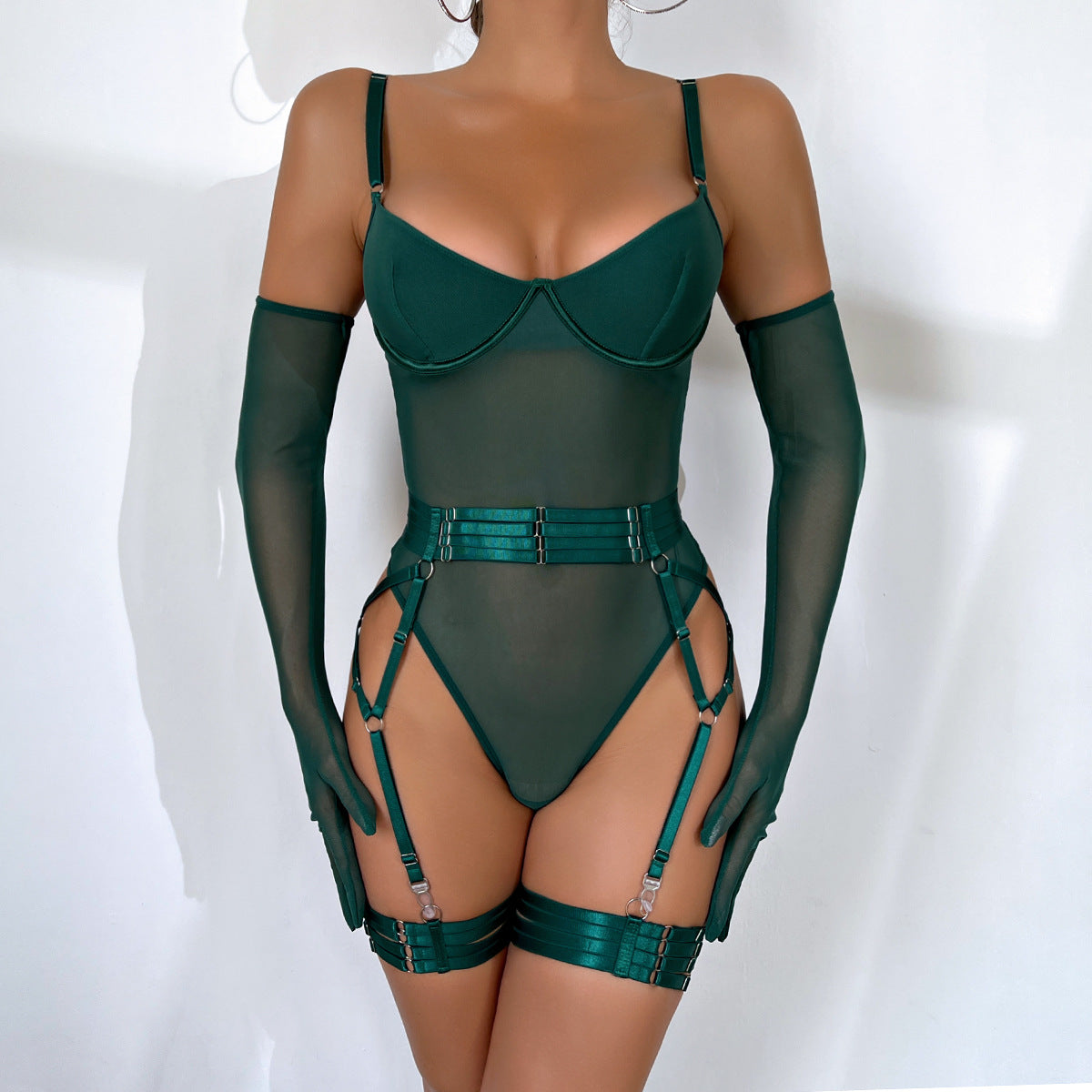 Strappy Patchwork Bodycon Gloves 3-Piece Lingerie Set