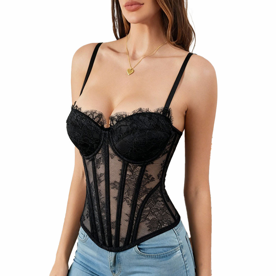 Lace Print Off-Shoulder Fishbone Corset Bra