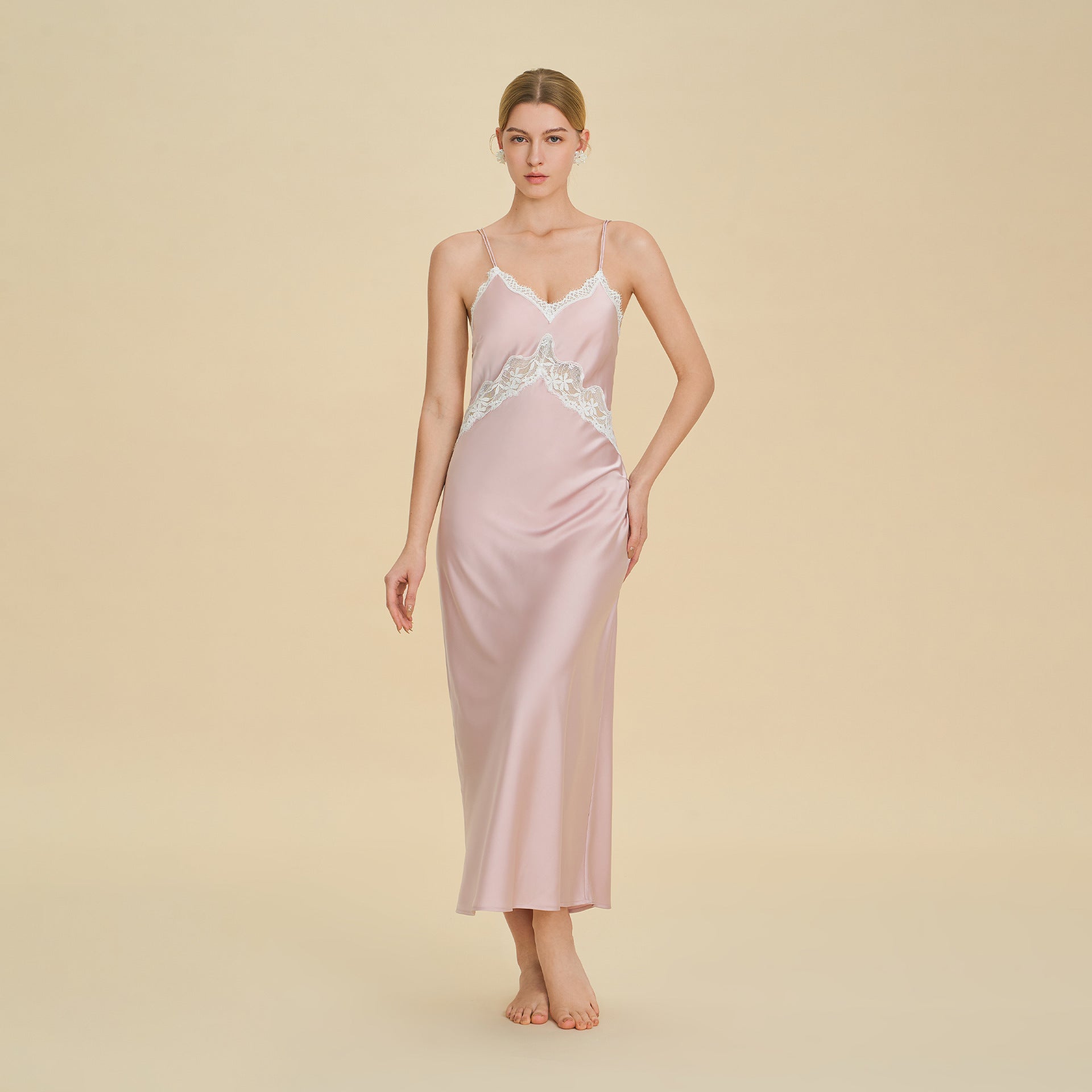 Lace Splice Deep V Off-Shoulder Nightgown | Backless Loungewear