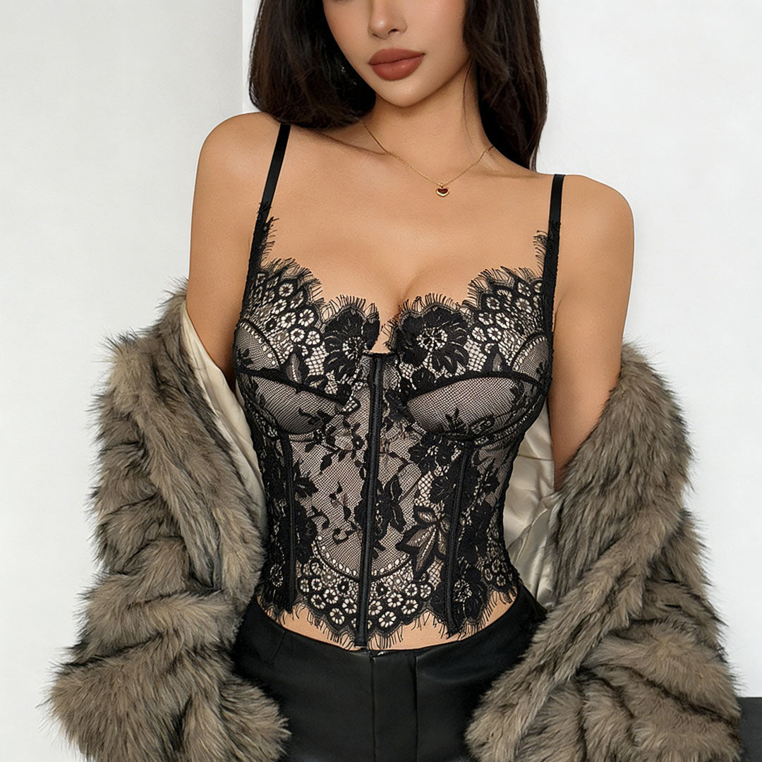 Hollow Cutout Lace Fishbone Corset Bra