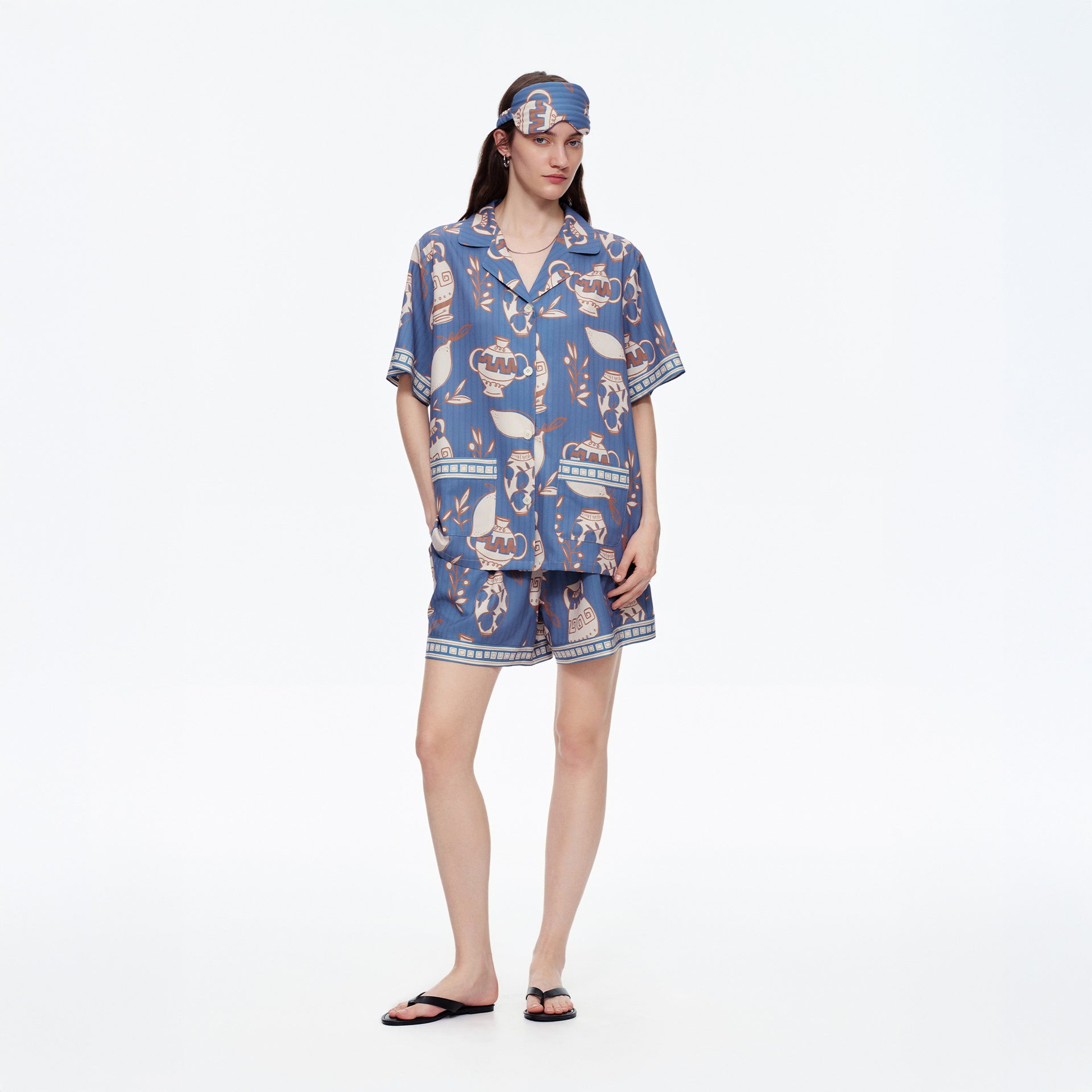 Jacquard Satin Shorts & Short-Sleeve Pajama Set — Luxury Loungewear