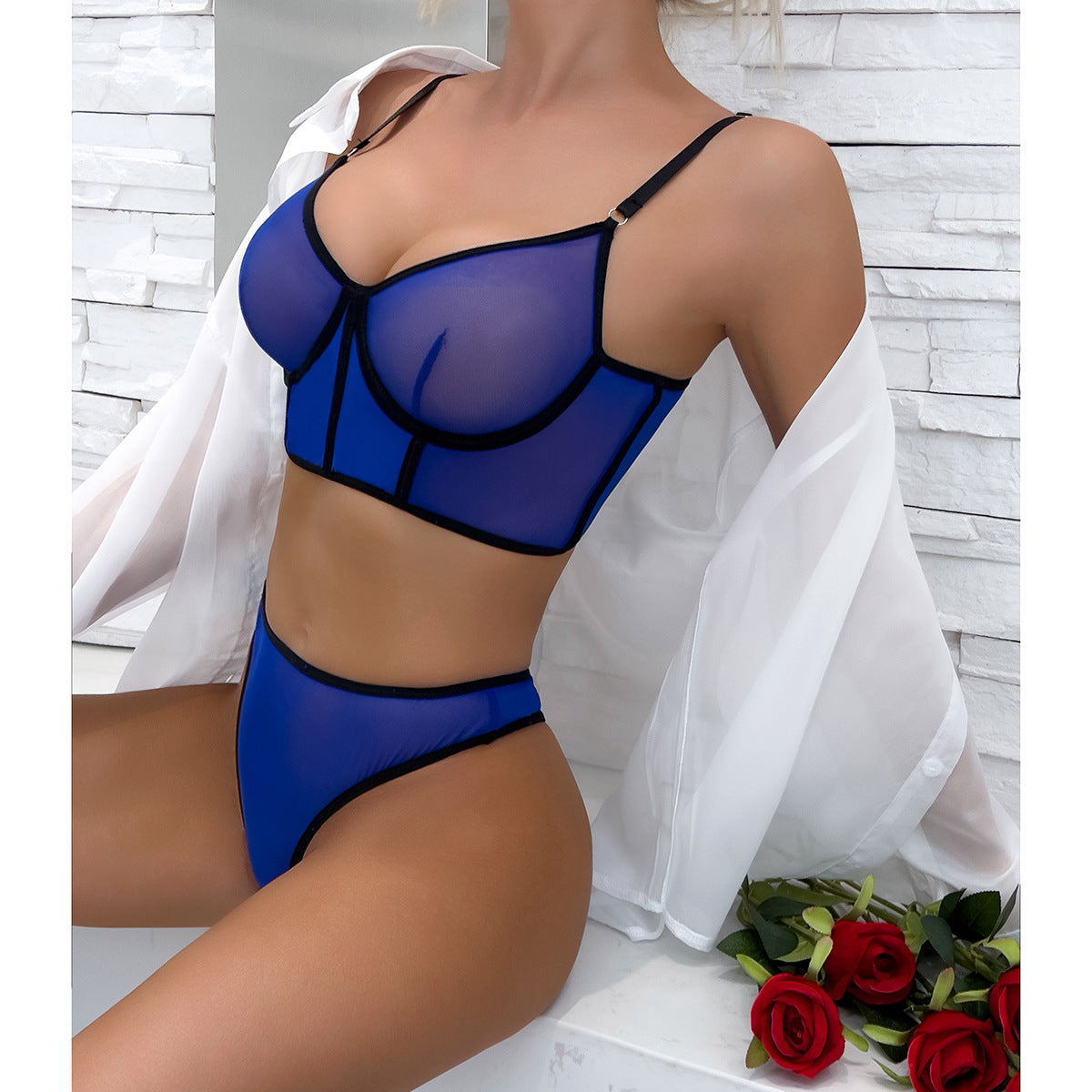 Fishbone Colorblock Sheer Mesh Lift Bra Set
