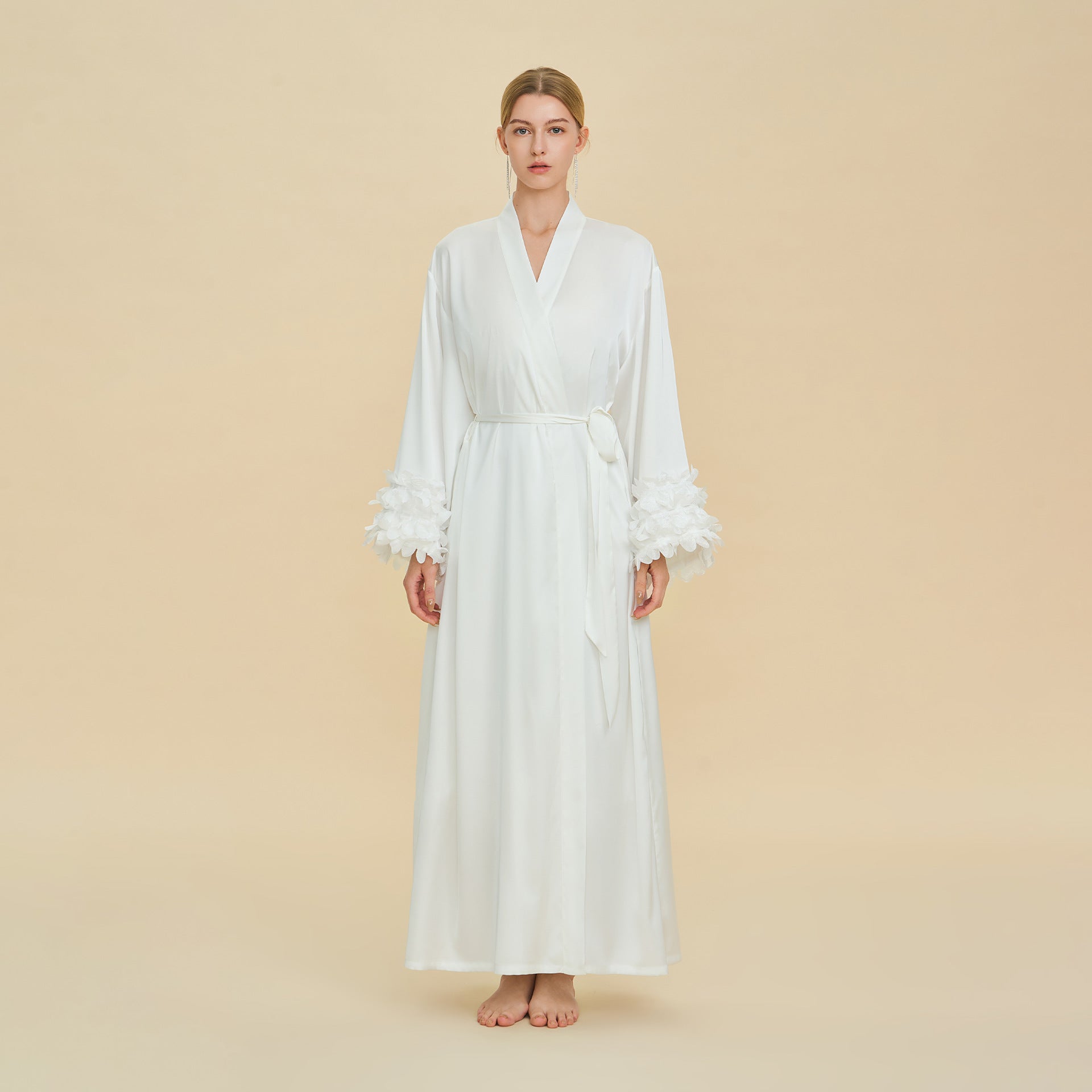 Satin Chiffon Bell Sleeve Cardigan Robe – Loose Fit Long Loungewear