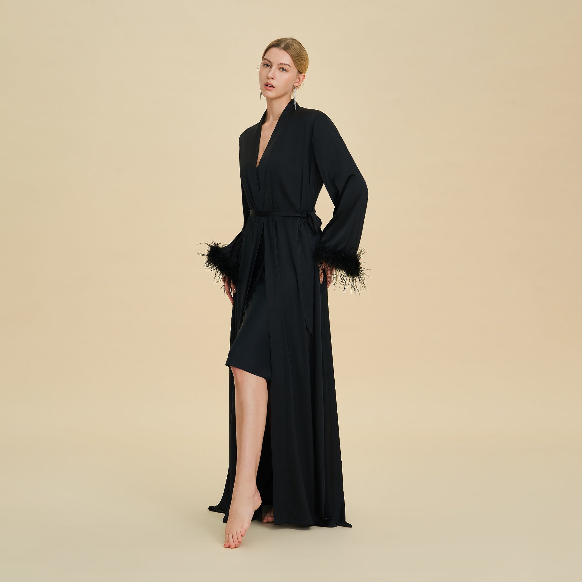Feather Trim Luxury Robe | High-End Satin Bathrobe for Women