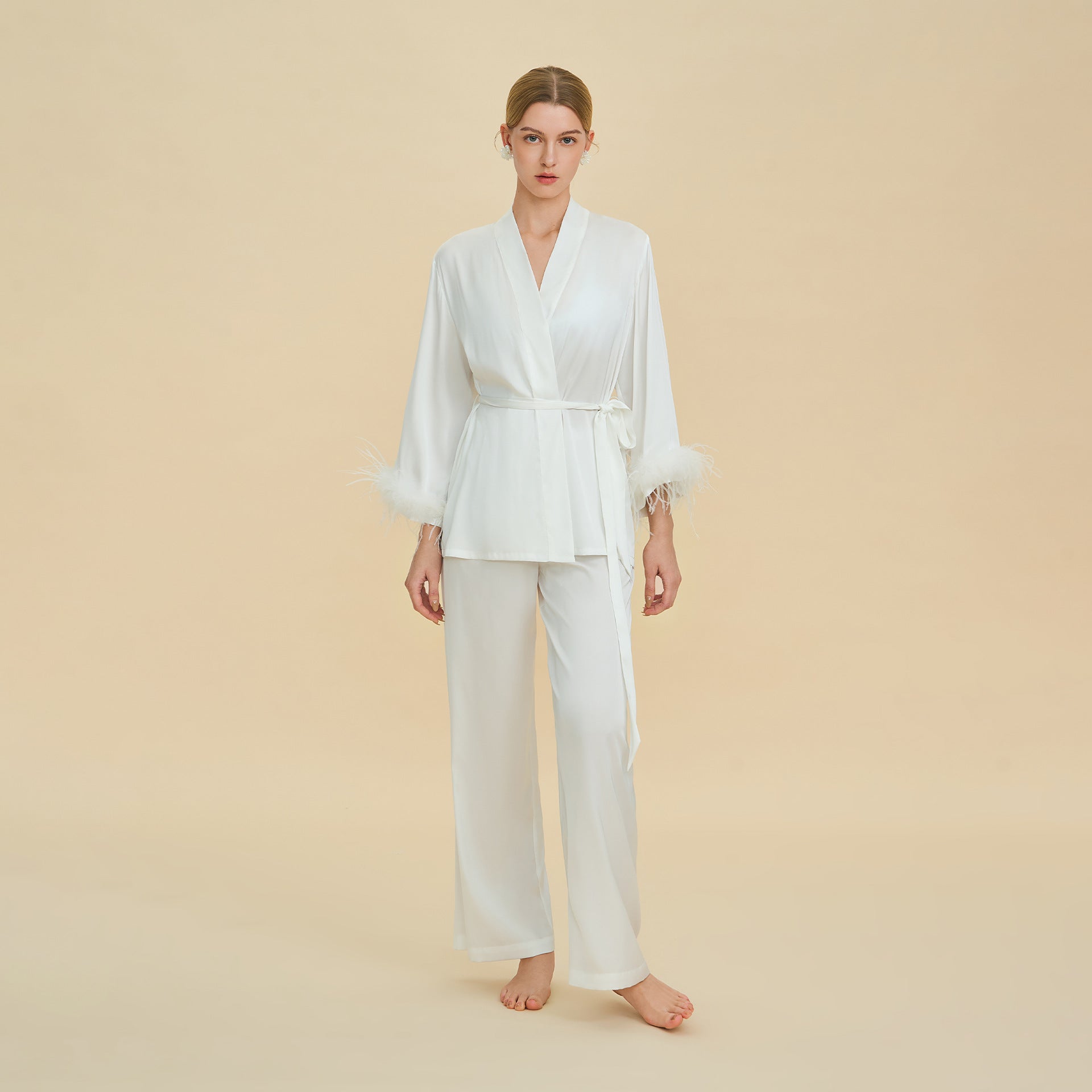 Feather Trim Long Sleeve Pajama Set | Detachable Luxury Loungewear