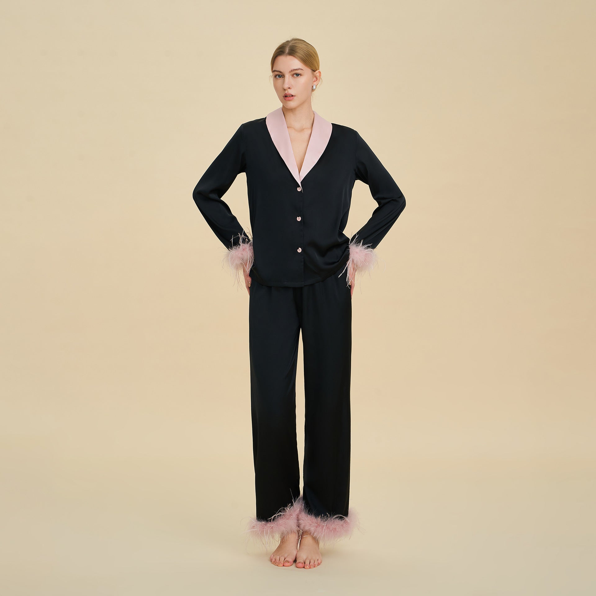 Feather Trim Luxury Pajama Set | Premium Gift Loungewear