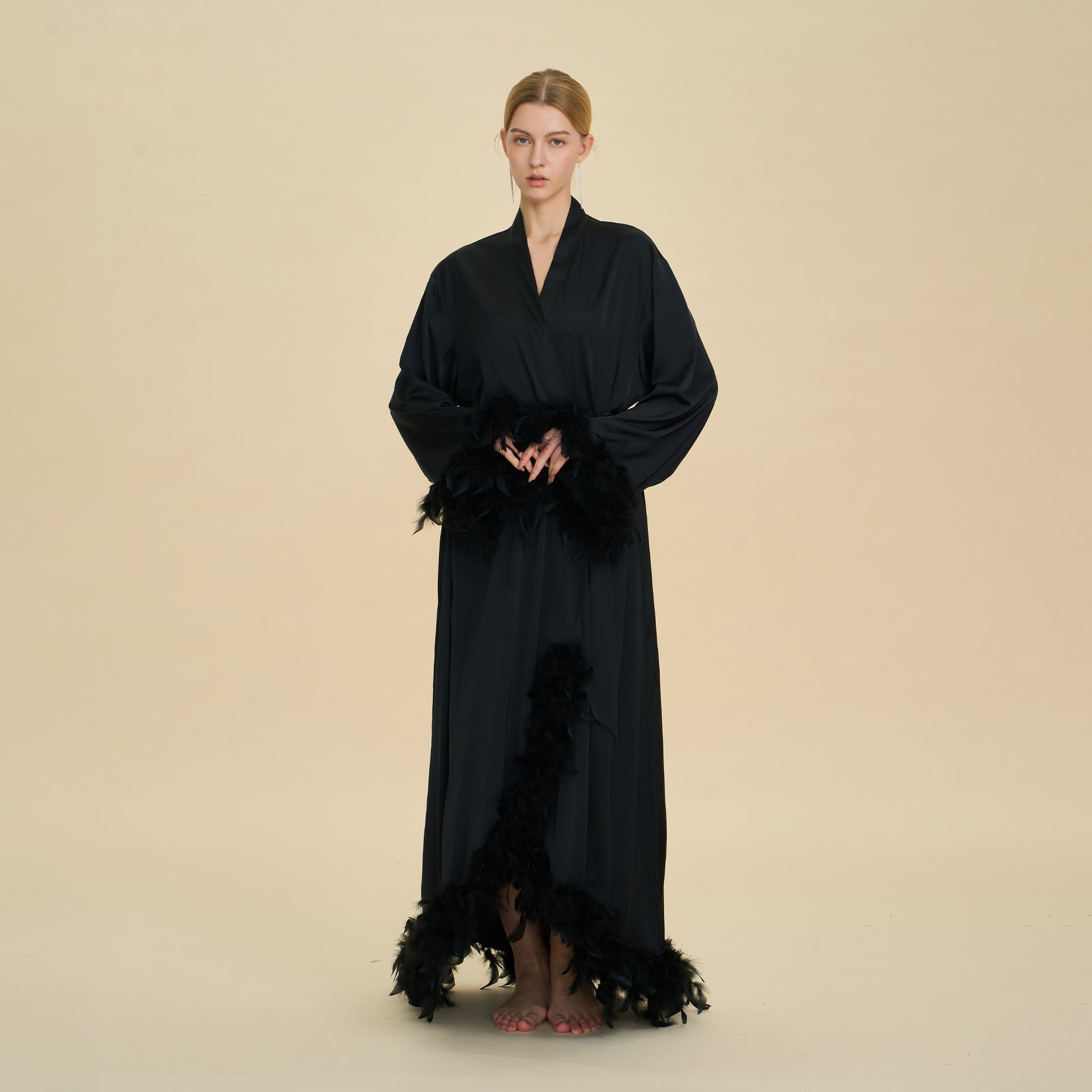 Feather Cardigan & Slip Dress Set | Luxury Long-Sleeve Loungewear
